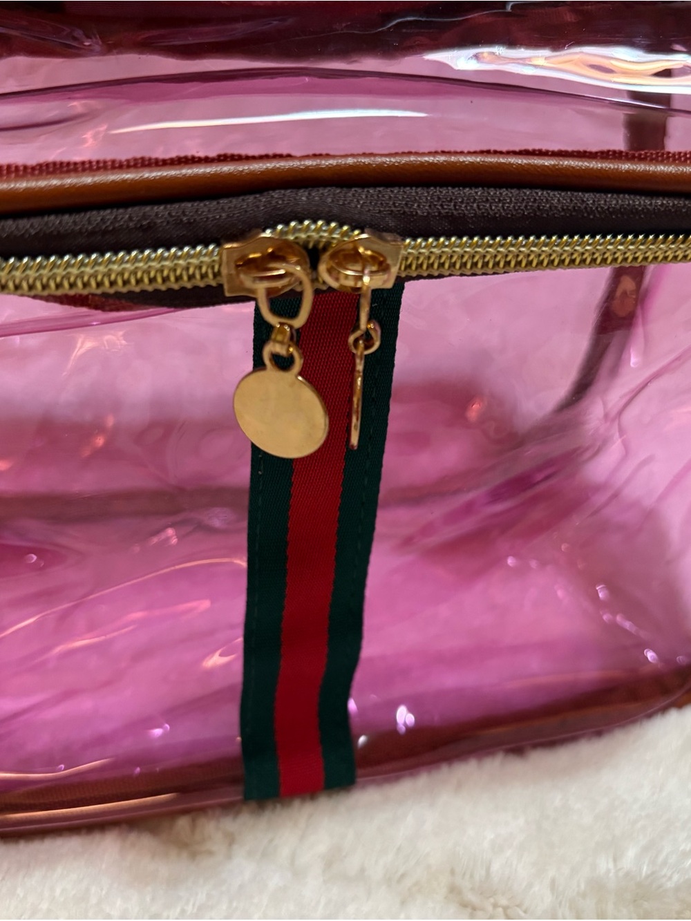 Pink Clear Cosmetic/Yravel Bag with Green-Red Trim